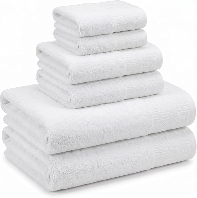 Superior Floral Jaquard Cotton Bathroom Towels, 6pc Towel Set, White-White | Soft Absorbent Quick Dry Terry Weave, Hotel Quality, Wisteria Towels Includes 2 Bath Towels, 2 Hand Towels, 2 Washcloths