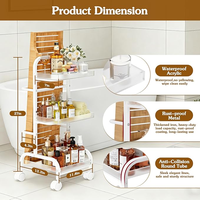 Bathroom Cart with Bathtub Tray Holder, Bathroom Organizers and Storage, Small Slim Shelf Organizer with Bath Tub Caddy Rack, 3 Tier Narrow Skinny Acrylic Rolling Cart for Laundry Room Living Room