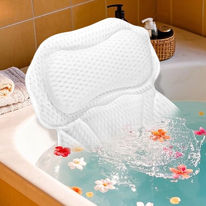 Luxury Bathtub Pillow, 4D Air Mesh Soft Bath Pillows for Tub, Ergonomic Neck & Back Support, Non-Slip Suction Cups Head Neck Support Hot Tub Pillow, Spa Bath Accessories Gift for Women White