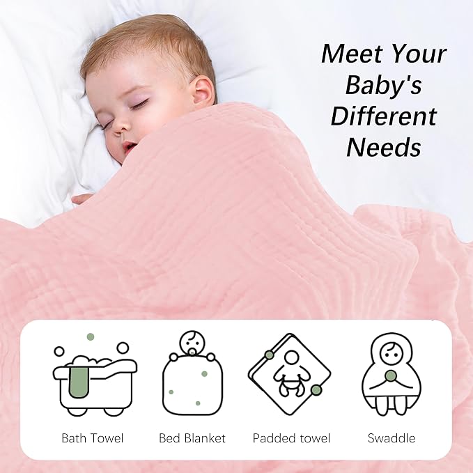 SWEET DOLPHIN Muslin Baby Bath Towels Blanket - 2 Pack 100% Cotton Towel for Babies, Infants, Toddlers - 40x40Inch - Highly Absorbent, Pink