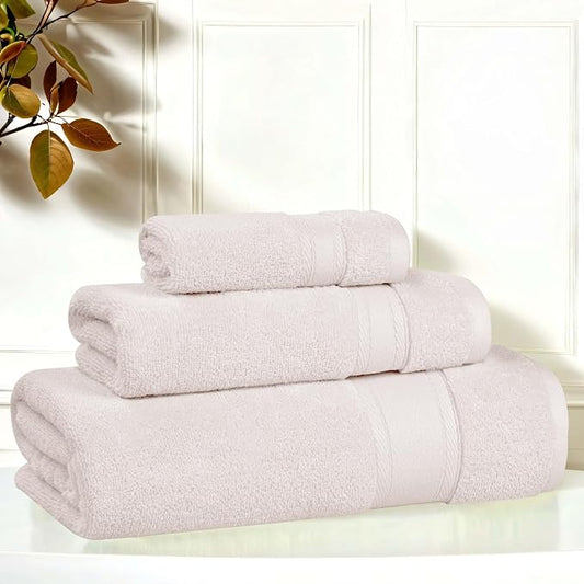 Superior Belmont Zero Twist Cotton Medium Weight Towels, for Guest Bath, Bathroom, Shower, Spa, Plush, Quick Dry, Ultra-Soft Towels, Bath Essentials, Thick Border, 3 Piece Assorted Towel Set, Silver
