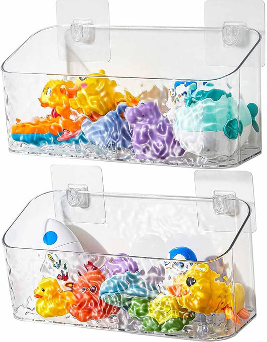 Bath Toy Storage Organizer, Bathtub Toy Storage Holder, Large Capacity Wall Mounted Shower Caddy Shower Organizer, No Drill Shelves Basket, Wave, 2 Pack