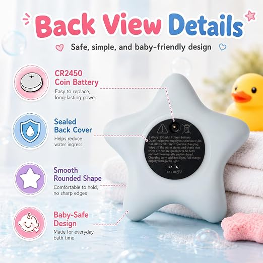 Baby Bathtub Thermometer with LED Display Screen+Pink Starfish toy-2-in-1 | Color Coded Alarm (Cold/Comfortable/hot) Bath Temperature Monitor, Adorable Floating Toys for Infants, Essential for Babies