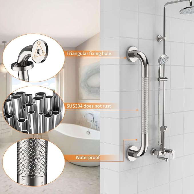 Anti Slip Shower Grab Bar 20 Inch, YuanDe Chrome Stainless Steel Bath Grab Bar, Knurled Bathroom Safety Rail, Shower Handrail Support, Handicap Elderly Balance Assist Handles