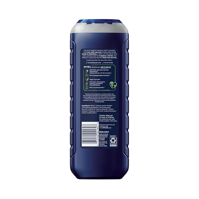 NIVEA Men Sport Body Wash with Revitalizing Minerals, Tangerine and Pepper Scent, 3-in-1 Men's Body Wash, Face and Hair, Paraben Free, Vegan Formula, 16.9 Fl Oz Bottle
