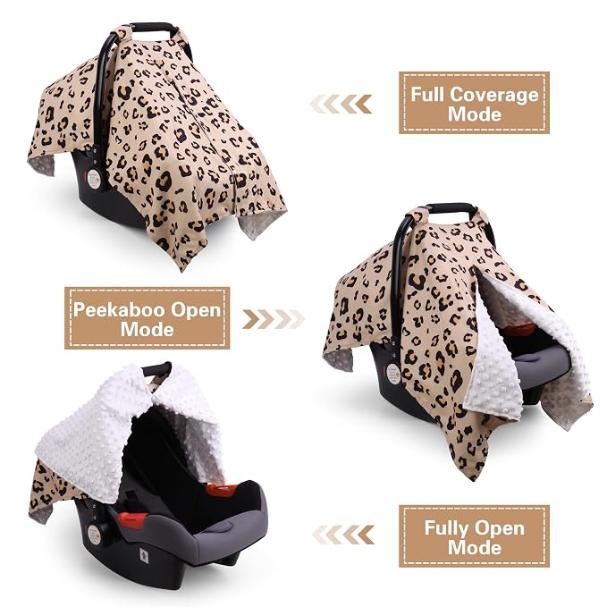 Rquite Car Seat Cover Baby, Carseat Covers for Boy Girl, Minky Infant Car Seat Cover Winter, Peekaboo Opening Car Seat Canopy, Multiuse Baby Carrier, Stroller, Nursing Cover, Minky Blanket, Leopard