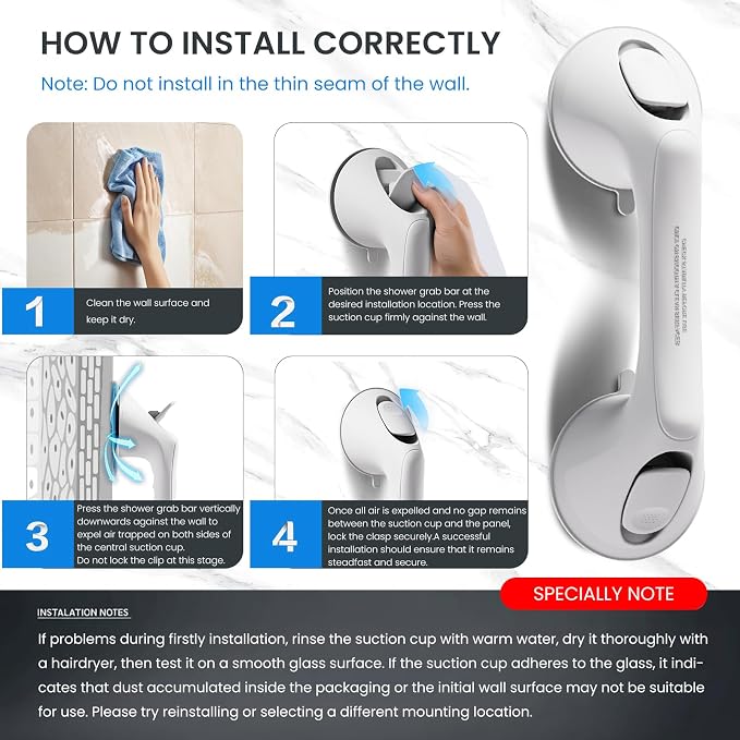 2 Pack 12 Inch Grab Bars for Bathtubs and Showers for Seniors, Heavy Duty Shower Handle for Elderly, Suction Cup Removable Handrails Handicap Bath Grip Bathroom Upgrade Safety Grips (White)