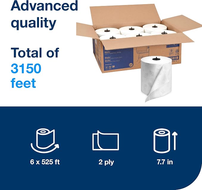 Tork Matic Hand Towel Roll, White With Gray Leaf, H1, 100" Recycled Fiber, 2-Ply, 6 Rolls x 525 ft - 290092A & Mini Jumbo Bath Tissue Roll - Toilet Paper Towels, 12 rolls x 1075, 2-Ply Sheets, White