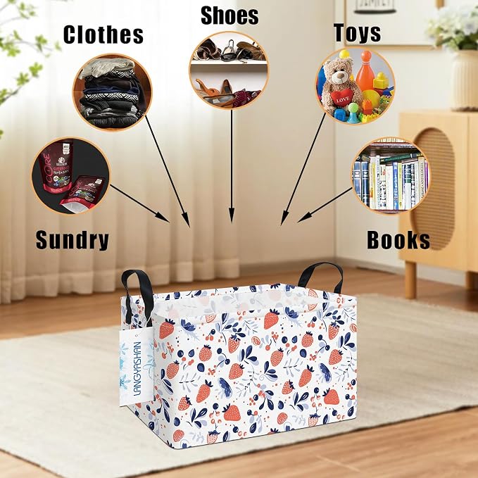 Rectangular Collapsible Strawberry Storage Basket Nursery Toy Organizer | Storage Bin Foldable Canvas with Handles for Organizing Home Kitchen Children Toys Office Closet Shelf Baskets
