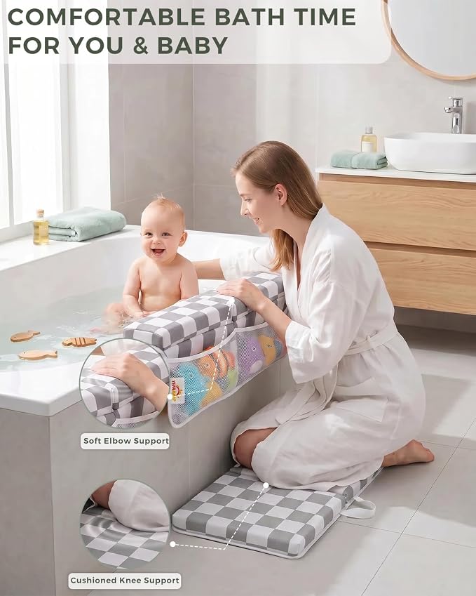 Bath Kneeler and Elbow Rest Pad Set - 1.5'' Thick Baby Bath Kneeler Pad, Foldable Memory Foam Kneeling Pad with 4 Toy Organizer Pockets, Quick Dry, Non-Slip, Checkered Pattern, Baby Bath Essentials