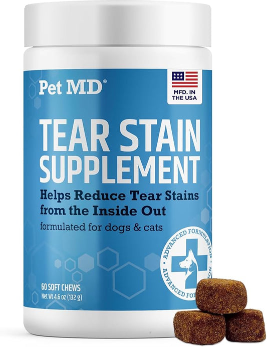 Pet MD Tear Stain Remover for Dogs & Cats - Antioxidant Eye Care Supplement with Lutein, Cranberry, & Omega 3 & 6 - Cat & Dog Tear Stain Remover Chews for White & Light Fur - 60 ct
