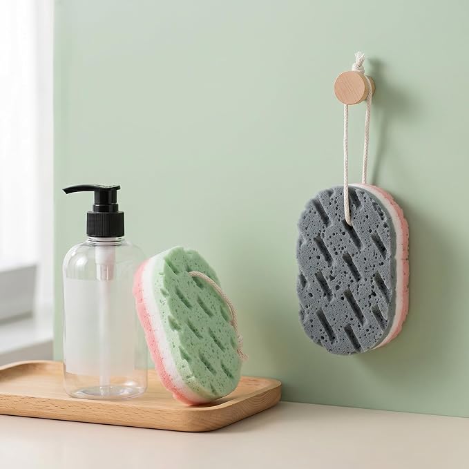 2 PCS 3-Layer Bath Sponges, Soft Shower Sponges Reusable Body Exfoliating Sponge Exfoliating Bath Sponge with Hanging Straps Colorful LuffaSponge