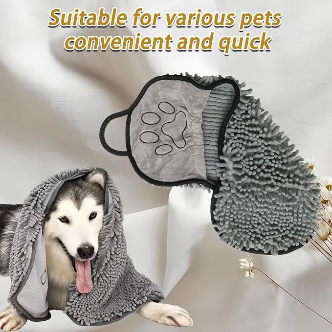 1 Pcs 21x10 Inches Super Absorbent Dog Towel, Grey Quick Drying Pet Grooming Towel with Hand Pockets, Soft Bath Towels for Shower & Bath Supplies/Dogs and Cats
