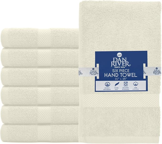 DAN RIVER 6-Pack Premium Hand Towels (16x28 Inches) - 100% Cotton, Ultra Soft, Lightweight, Highly Absorbent Towels for Bathroom, Spa, Gym, Salon, Hotel, and Travel - Ivory