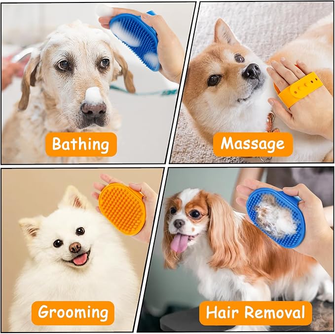 Ponpon 3PCS Dog Bath Brush with 4Pcs Toothbrush, Scrubber and Shampoo Brush with Adjustable Ring Handle, Shower Brush for Long and Short Hair