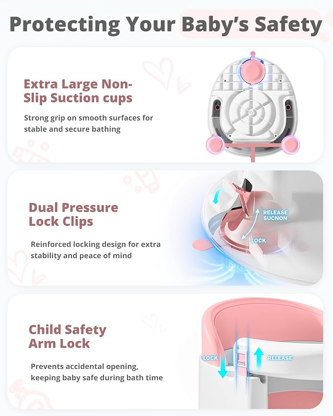 ONTHEWEI Baby Bath Seats for Babies Sitting Up, Non-Slip Baby Bathtub with 3 Suction Cups, Safe & Comfortable Toddler Bath Seat Ideal for Baby Bath/Shower Support, Stable Design, Pink (6-24 Months)