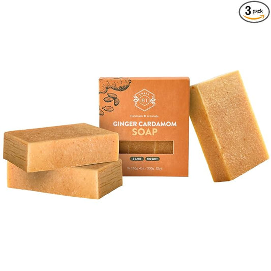 Crate 61 Organics, Handmade in Canada, Plant Based Natural Bar Soap Cold Pressed For Face & Body, w/Premium Essential Oils, For Men & Women 3 Pack (Ginger Cardamom)