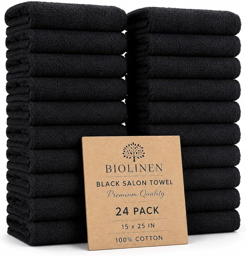 BIOLINEN Salon Towels 24 Pack Black 15x25, 100% Cotton Hand Towels for Bathroom, Bleach Resistant Barber Esthetician Spa Gym Towels, Super Absorbent