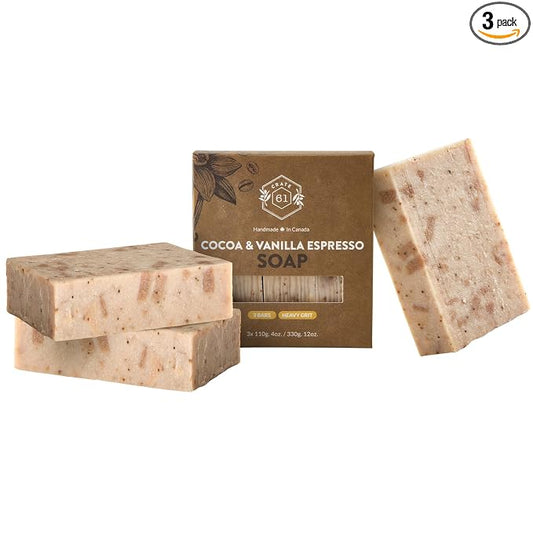 Crate 61, Handmade in Canada, Plant Based Cold Process Natural Bar Soap For Face And Body, With Premium Essential Oils, For Men And Women 3 Pack (Cocoa Vanilla Espresso)