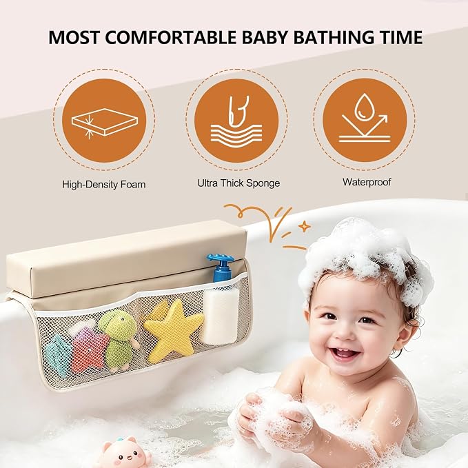 Baby Waterproof Vegan Leather Bath Kneeler and Elbow Rest Pad Set | Thickened Non-Slip Memory Foam Knee & Arm Support Bathtub Mat with Toy Organizer for Infant Toddler Bathing