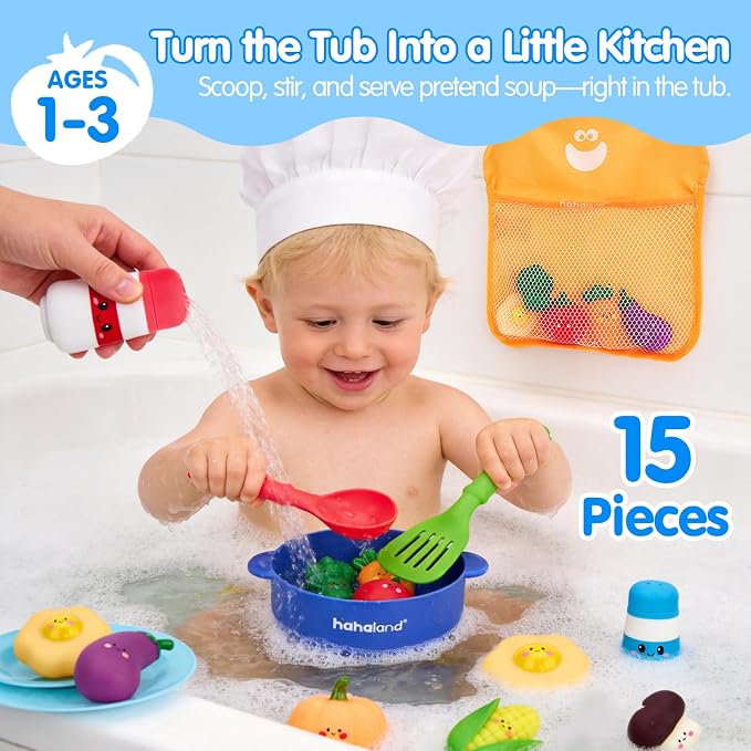 hahaland Color Changing Bath Toys for Toddlers 1-3, Bath Soup Kitchen Playset for 12M+, No-Hole Mold-Free Bathtub Toy for 1 Year Old, Pretend Cooking Set with 15 PCS Veggies, Pot, Spoon, Mesh Bag
