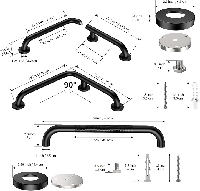 16 Inch Angled Grab Bar, iHansee Anti Slip L-Shaped Shower Grab Bar w/ 16 Inch Straight Bathroom Balance Bar, Knurled Stainless Steel Safety Handle for Seniors Elderly Injury Handicap, Matte Black