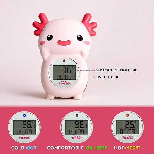 Baby Bath Thermometer, Digital Temperature Water Thermometer, Safety Bathtub Floating Toy for Baby, Infants, Toddlers - Pink Axolotl with Timer