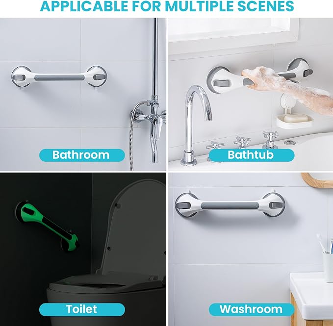 TAILI Shower Grab Bar Glow in The Dark, 2 Pack 16.8 in Grab Bars for Bathtubs and Showers,Shower Handles Rails for Seniors and Elderly,Bathroom Safety Grip Removable No Drilling Waterproof Grey,G9