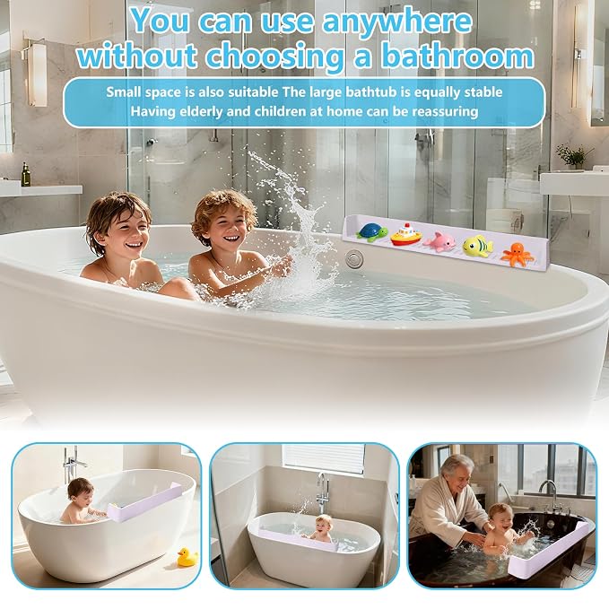 Bathtub Splash Guard for Kids, 2-in-1 Bath Toy Organizer Tub Shelf | Stops bathtub splashes, Keeps floors dry, 11 strong suction cups, Flexible safe silicone, Bonus kids shower cap