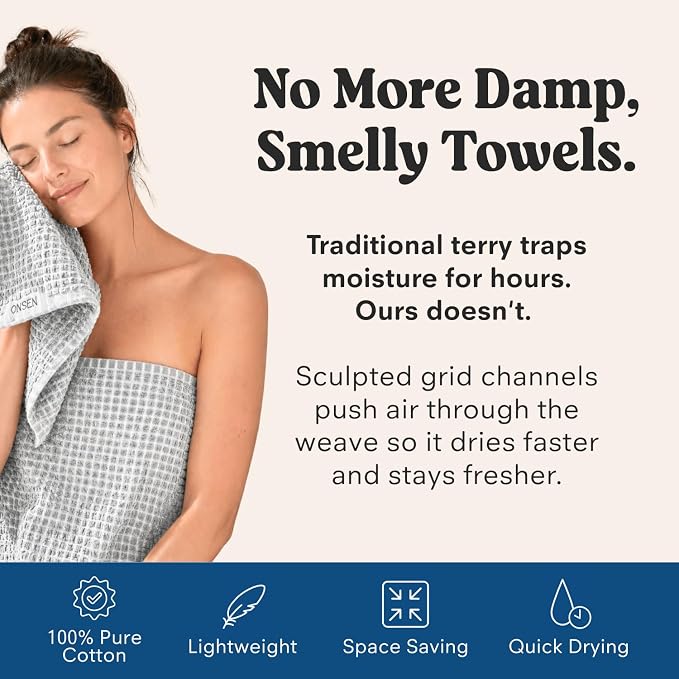 ONSEN Sculpted Terry Face Towels, 100% American Cotton, Quick Dry Lint Free, Lightweight Absorbent Face Towel Set, 12x12 in (Grey Fog, 4X Face Towel)