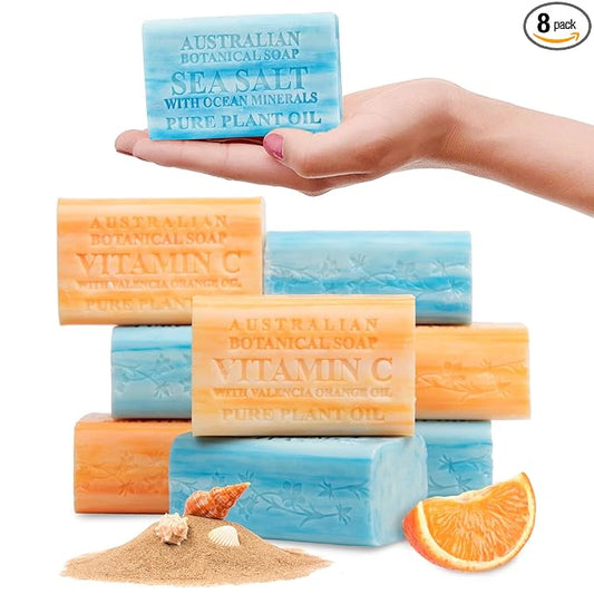 Australian Botanical Soap Variety Pack Includes 4 Valencia Orange and 4 Sea Salt Soap for Face, Hands and Body, Enriched with Shea Butter, Ocean Minerals and Vitamin C