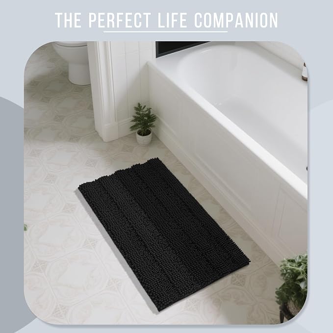Yimobra Bathroom Rug Mat 36 x 24, Non Slip and Super Absorbent Bath Mat,Machine Washable Quick Dry,Ultra Plush Chenille Shower Rugs for Bathroom Floor Sink Tub and Shower Outside,Black