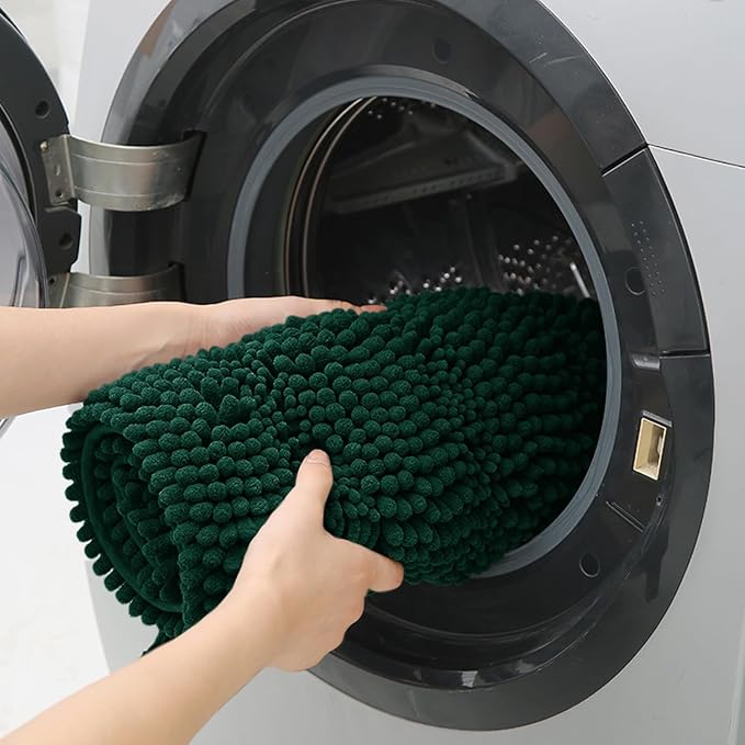 Christmas Striped Deep Green Bathroom Rug Mat Set 2 piece 32"x20"+24"x17" Ultra Soft, Non Slip Chenille Bath Rugs, Absorbent Plush Shaggy Bath Mats for Bathroom, Bedroom, Kitchen, Shower, Tub