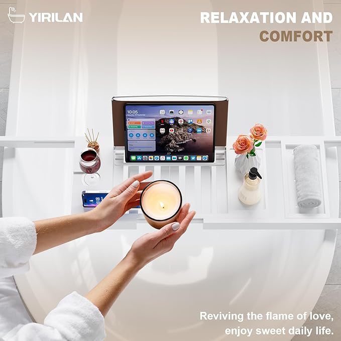 Yirilan Foldable Bathtub Caddy, Expandable Bath Caddy Tray, Unique House Warming Gifts, New Home, Anniversary and Wedding Gifts for Couple, White