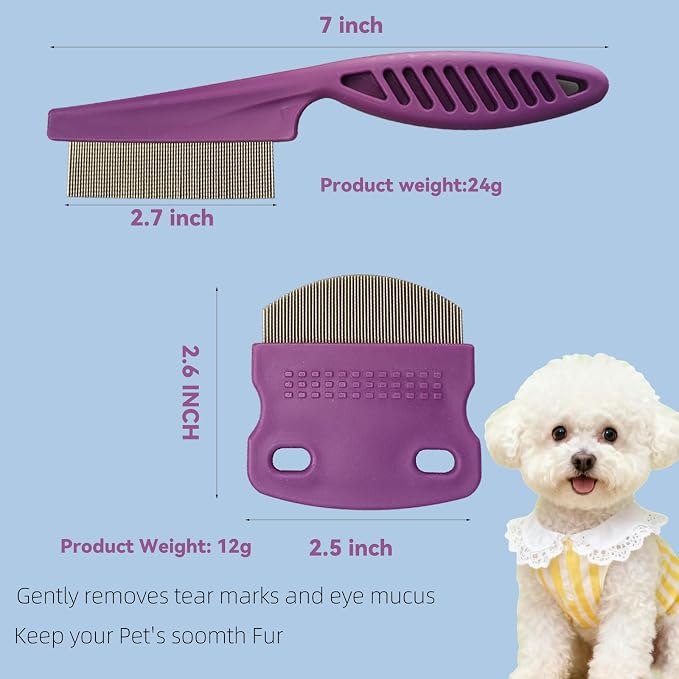 2 Pack Professional Pets Eye Combs,Pets Grooming Comb Kit,Stainless Steel Tear Stain Remover for Cats & Dogs,Flea Lice Comb,Gentle Curved Comb Teeth,Precisely Removes Stains (Pet comb set)