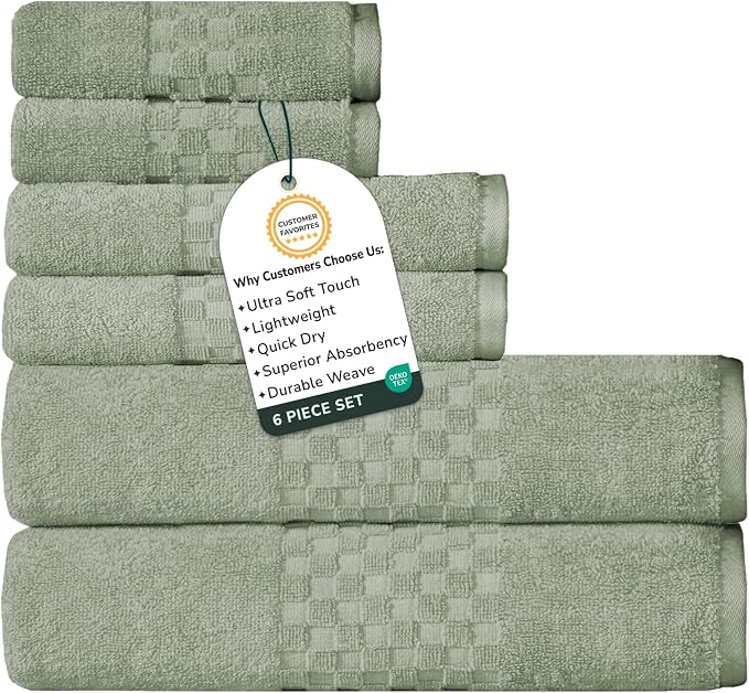 Feather & Stitch 100% Cotton 625 GSM Bath Towel Set of 6, Ultra Soft Highly Absorbent 2 Bath Towels, 2 Hand Towels & 2 Washcloth - Luxury Quick Dry Shower Towels (Sage Green)