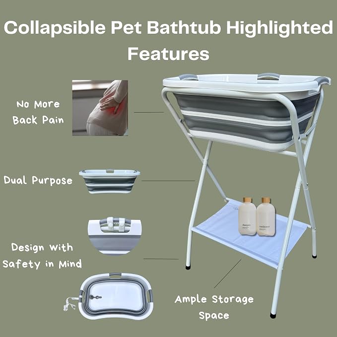 Collapsible Elevated Pet Bathtub, Foldable Washing Station for Small to Medium Dogs and Cats, Portable Pet Shower and Grooming Stand for Indoor and Outdoor Use