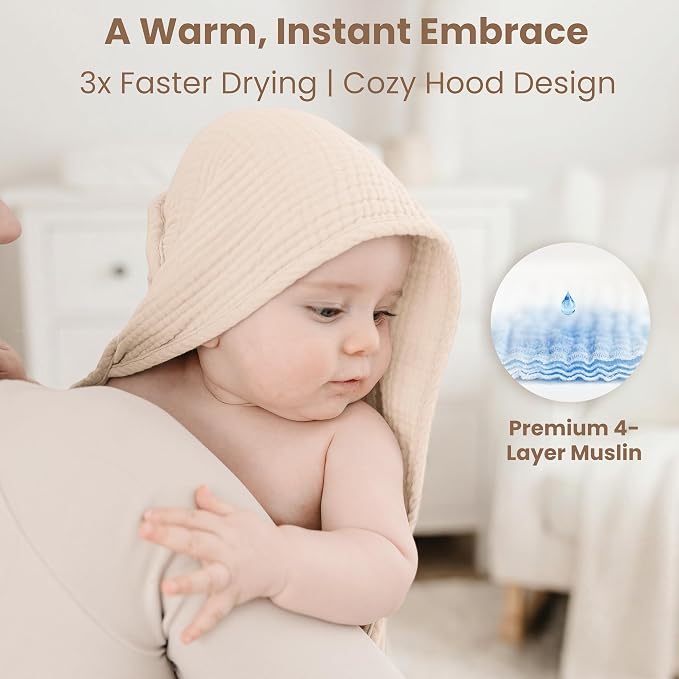 Konssy 2-Pack Muslin Hooded Baby Towels, 100% Cotton, Ultra-Soft & Absorbent Baby Bath Towels with Hood for Newborn & Infant (Cream, Blossom,32" x 32")