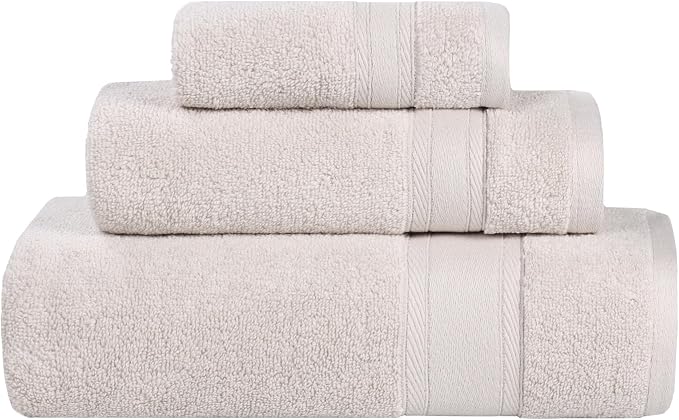 Superior Belmont Zero Twist Cotton Medium Weight Towels, for Guest Bath, Bathroom, Shower, Spa, Plush, Quick Dry, Ultra-Soft Towels, Bath Essentials, Thick Border, 3 Piece Assorted Towel Set, Silver