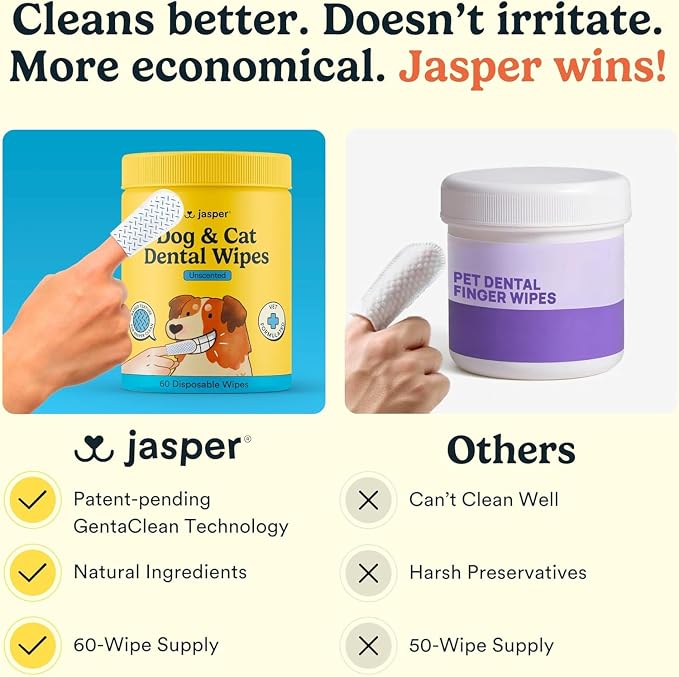 Jasper Dog Dental Wipes, Vet-Recommended Natural Cat & Dog Teeth Cleaning Wipes Dog Teeth Cleaner, Disposable Wipes Fresh Breath PlaqLift Technology Attacks Plaque and Buildup, Unscented, 60 Count
