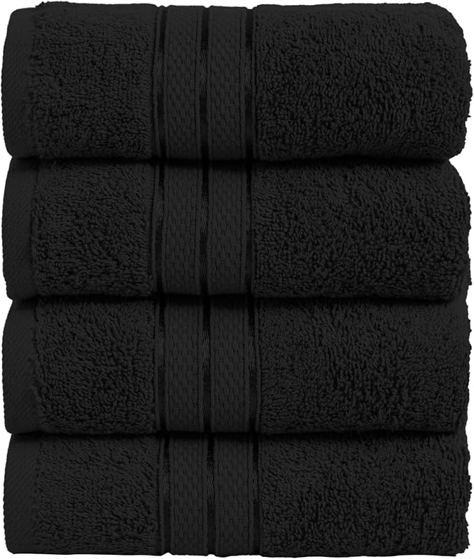 Elegant Comfort Three Line Popcorn Towel Set for Bathroom 16 x 28 inches, Premium Hotel Quality 4-Pack Hand Towels, 100% Turkish Cotton, Soft and Durable, Quick Dry and Highly Absorbent, Black