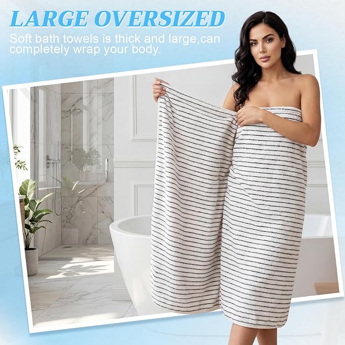 2 Pack Oversized Bath Towels 40 x 80 in Coral Fleece Extra Large Black and White Striped Bath Sheets Microfiber Quick Dry Absorbent Shower Towel for Beach Pool Hotel Bathroom Spa Gym