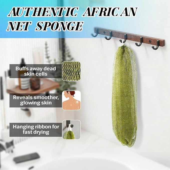 African Net Sponge Exfoliating Glove for Body and Face, Double Knotted Bath Sponge for Deep Cleansing and Gentle Exfoliation, Reusable and Quick-Dry（Army Green）