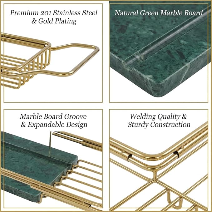Bathtub Tray Caddy for Luxury Bath, Stainless Steel 26.8-35.4 in Expandable Extra Wide Bath Tub Tray with Natural Marble and Mobile/Tablet Stand, Ideal for Home Spa Lovers (Gold + Green)