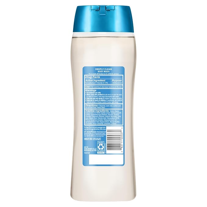 Suave Deeply Clean Antibacterial Body Wash with Glycerin & Vitamin E, Moisturizing Skin Cleanser For Soft, Smooth Skin, Long Lasting Scent, Paraben Free, 18 fl oz, 6 Count
