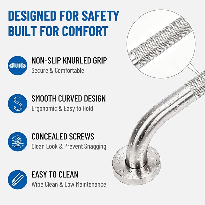 MrHAND Knurled Brushed Stainless Steel Grab Bars, 2 Pack 16 Inch | SUS304,Stain Finish,Sturdy & Stable Handicap Grab Bars,Wall Mounted Shower Grab Bars,Safety Hand Rails,ADA Compliant