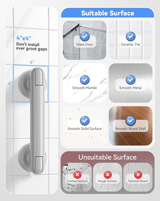 JOTPE 2 Pack Removable Suction Shower Handle, No Drilling Bathroom Handle with Locking Latches, Reusable for Shower, Bathtub, Tile, Glass and Other Smooth Non-Porous Surfaces, Grey