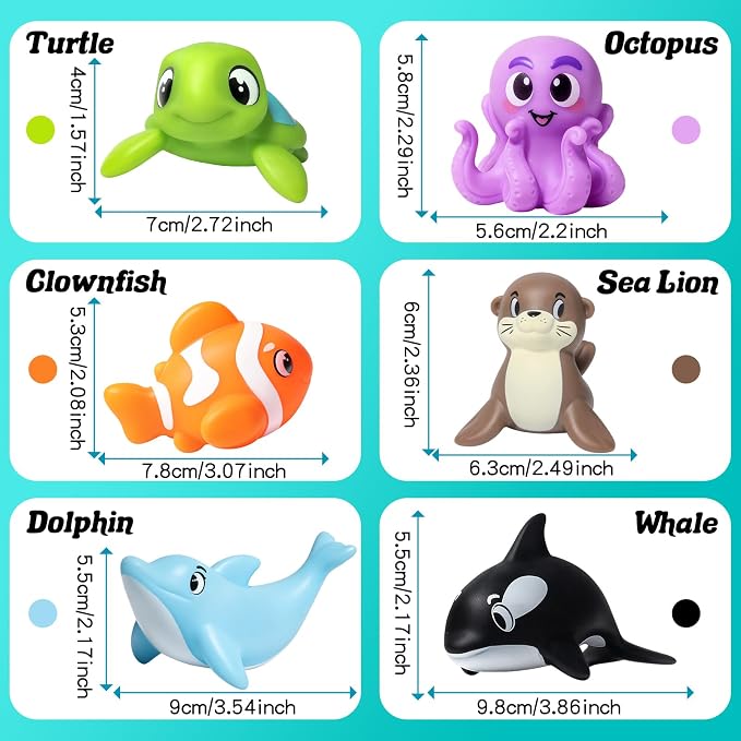 Mold Free Bath Toys - 6 Pcs Ocean Baby Bath Toys for Kids Ages 1-3, No Hole Design Keeps Moisture Out, Toddlers Learn Sea Animals with Bathtub Soft Squeeze Toys, Pool Toy