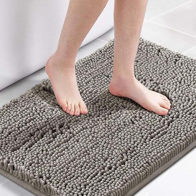 H.VERSAILTEX Chenille Bath Rug Non-Slip Bathroom Rug Shag Shower Mat Machine-Washable Bath Mat with Water Absorbent Soft Microfibers, 20" W x 32" L, Dark Grey