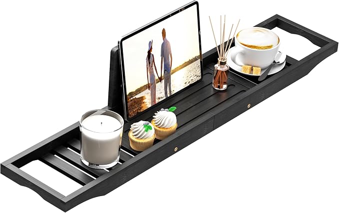 Bathtub Tray Caddy Black - Bath Tray Black - Bath Tub Table Tray Caddy - Bamboo Bath Tray for Tub